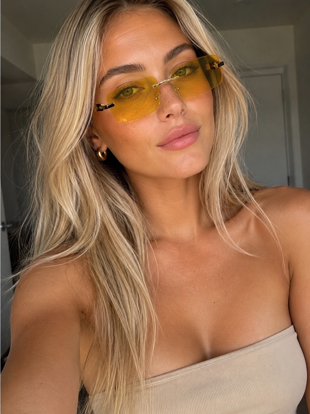 Yellow Rimless Rectangular Sunglasses